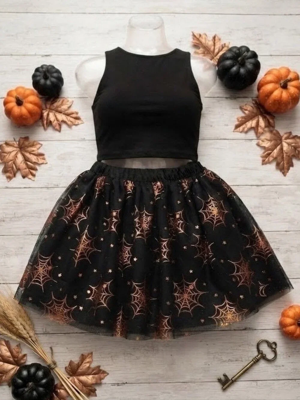 Wonder Nation Kids Black W/Orange Halloween Spiderweb Star Tulle Skirt- Sz 6-6X​